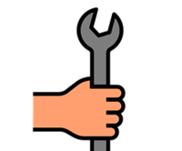 Icon: Eine Hand hält einen silbernen Schraubenschlüssel, bereit für Reparaturen oder mechanische Arbeiten.