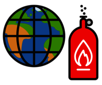 Icon: Die Grafik kombiniert eine bunte Erdkugel mit einer roten Gasflasche.