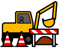Icon: Ein gelber Bagger steht neben einem Baustellenbereich, umgeben von roten und weißen Absperrungen und einem Erdhaufen.