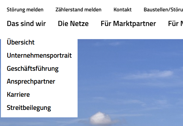 Screenshot des geöffneten Menüs twl-netze.de